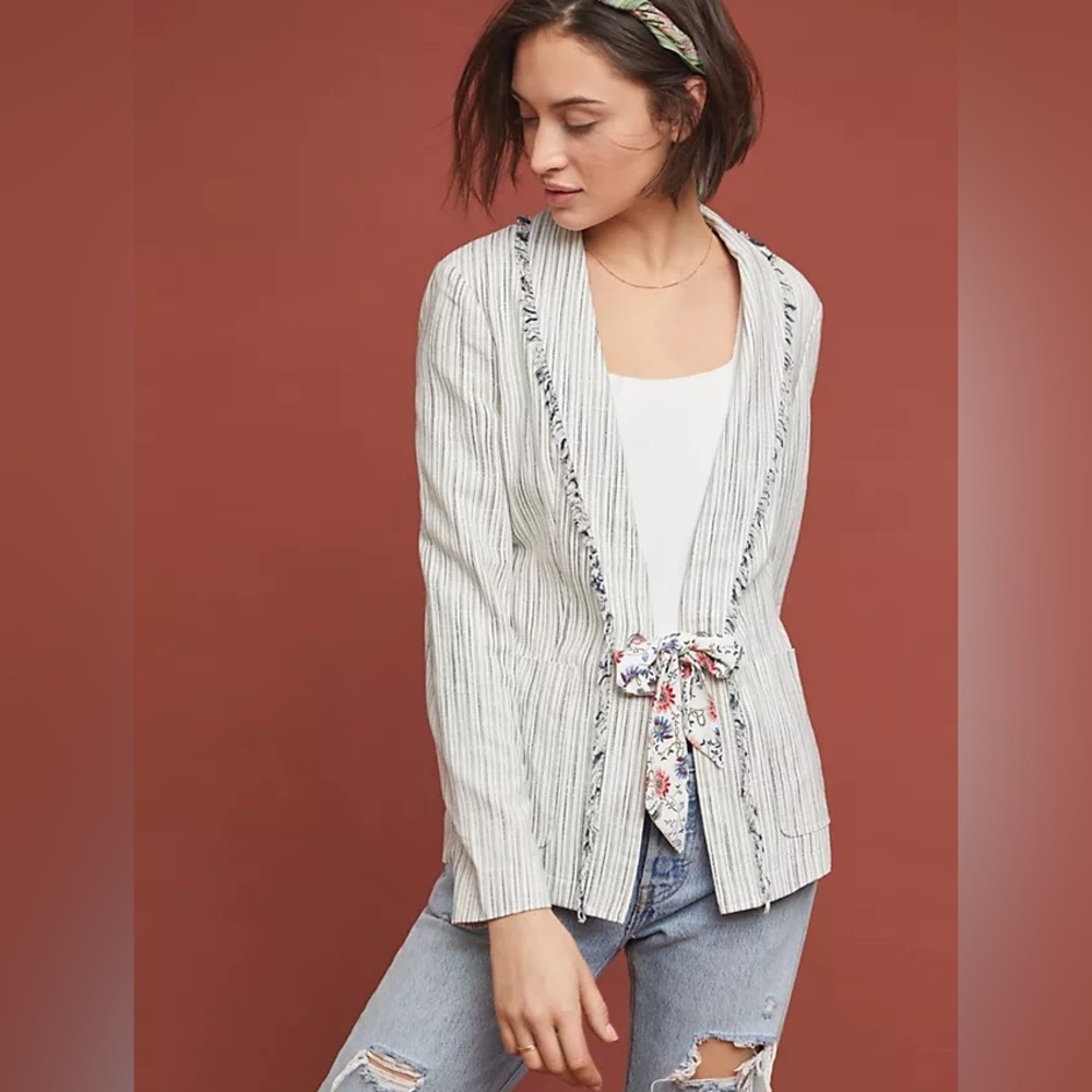 Anthropologie White Pinstripe Floral Trim Tie-Front Blazer